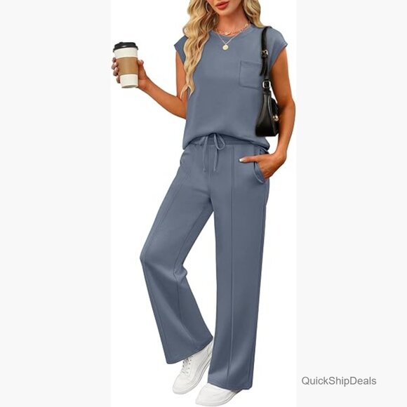 Sleeveless Lounge Set with Wide Leg Pants 42% Rayon 52% Polyester 6% Elastane